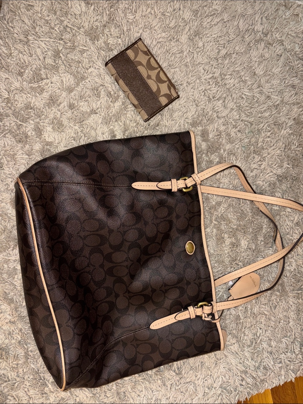 Coach Classic Monogram Tote Bag in Dark Brown and Tan